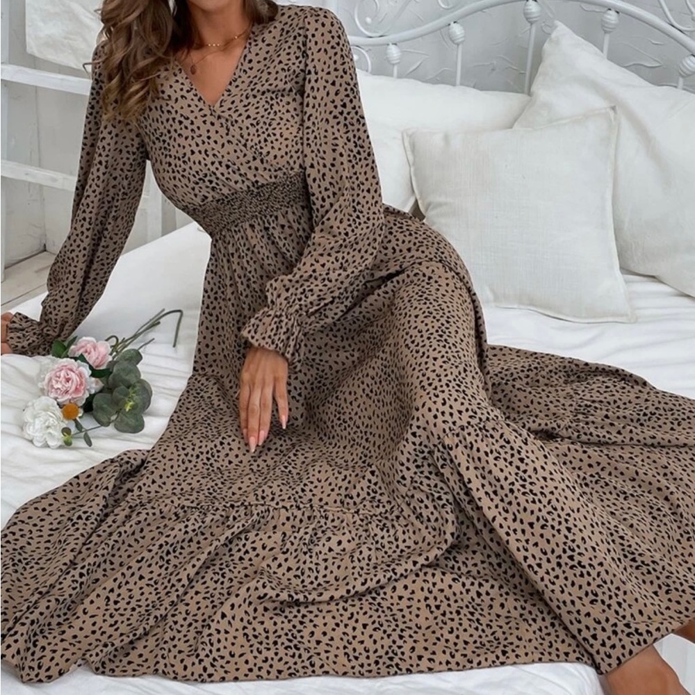 Coffee brown Allover Print Flounce Sleeve Shirred Dress